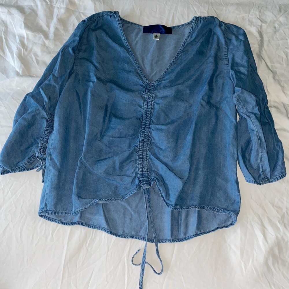 faux denim blouse with quarter sleeves